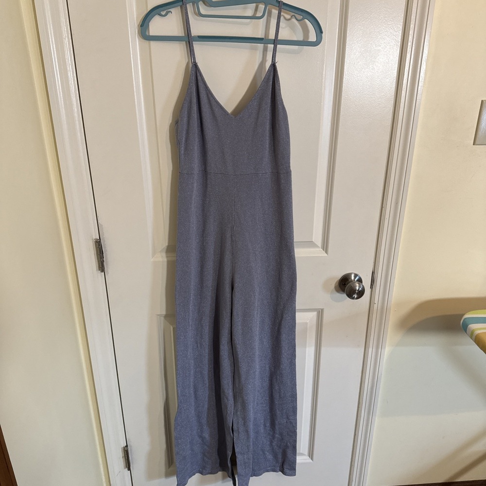Revolve Superdown Tasha Spaghetti Strap Wide Leg Jumpsuit Slate Blue Sparkle Med